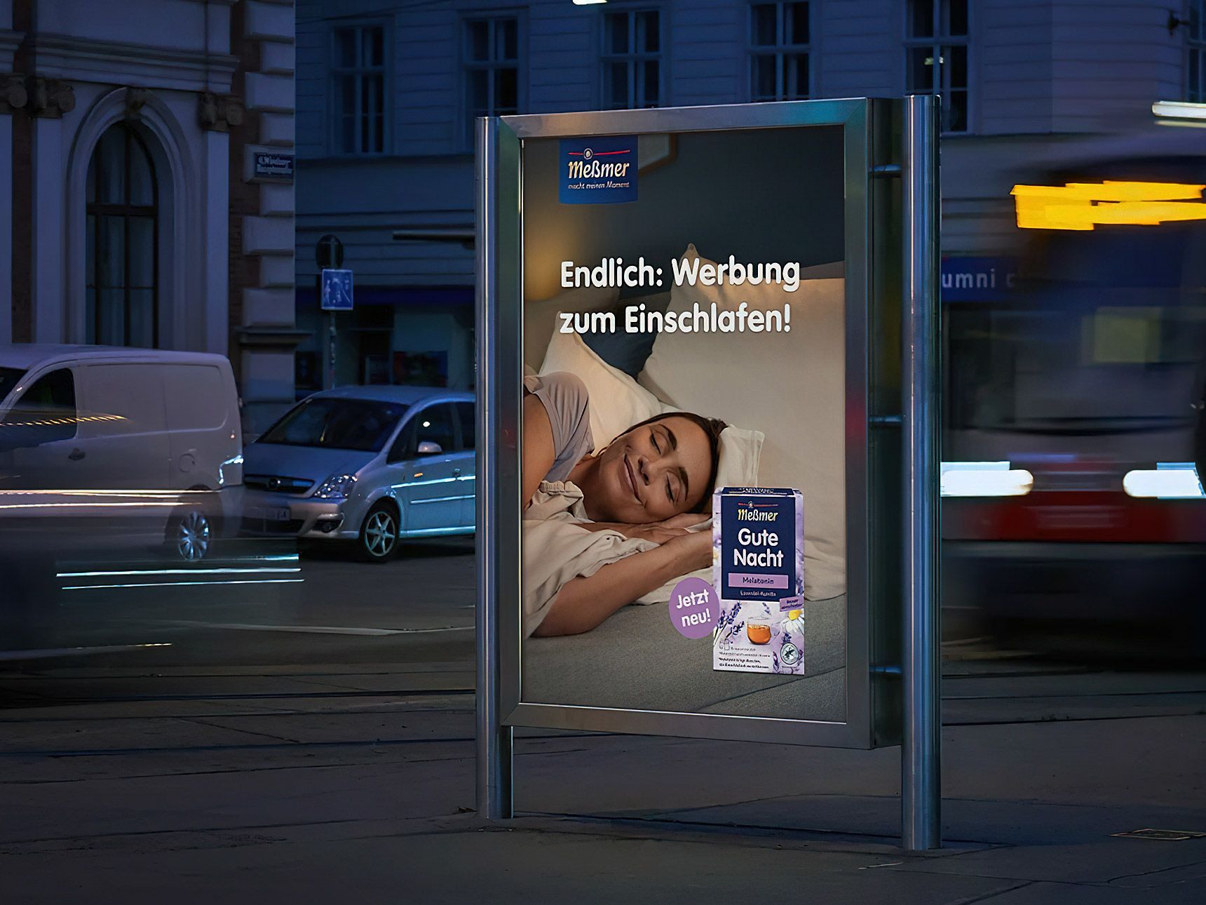Gute Nacht Tee mit Melatonin - Meßmer OOH-Kampagne für Tees mit Zusätzen