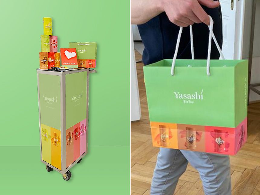 Yasashi-Tee-Trolley-bei-Spar-und-Papiertasche